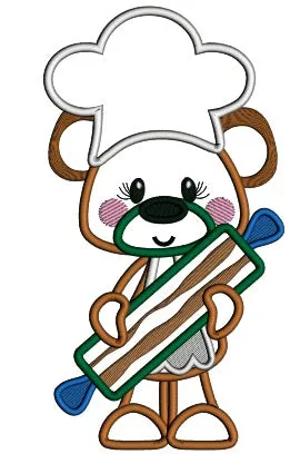 Bear Cook Holding a Rolling Pin Applique Machine Embroidery Design Digitized Pattern