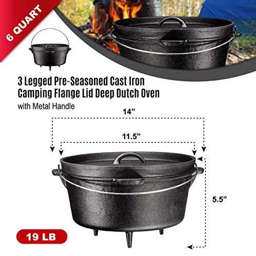 Bruntmor, 3 Legged Pre-Seasoned Cast Iron Camping Flanged lid Deep Dutch Oven, 6 Quart w