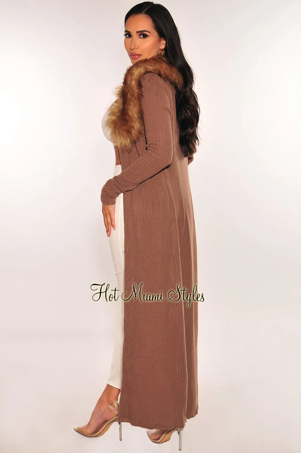 Chocolate Ribbed Knit Faux Fur Collar Long Sleeves Duster Coat