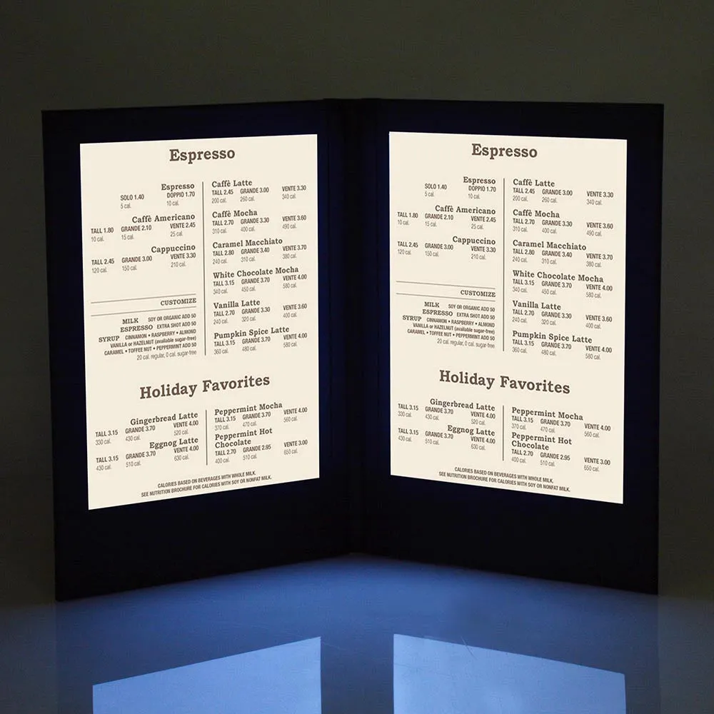 Custom LED Menu Cover Illuminated Menus 8.5x14 2-View (MOQ 10ct)