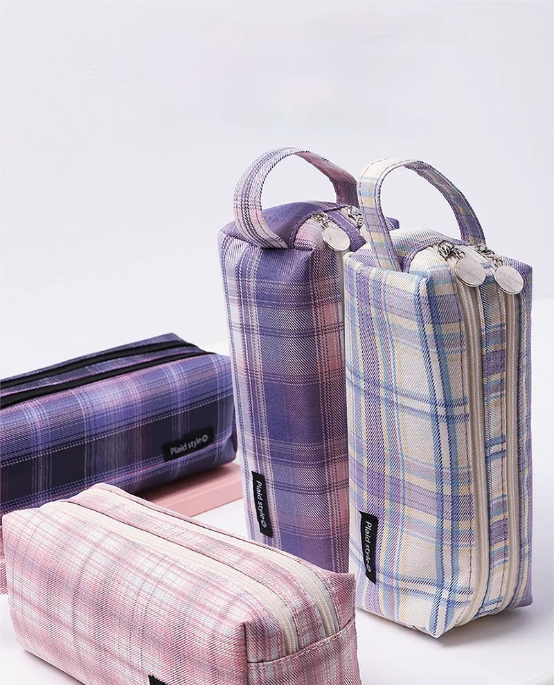 Double-Layer Plaid Pencil Case Female Student Canvas Portable Pencil Case