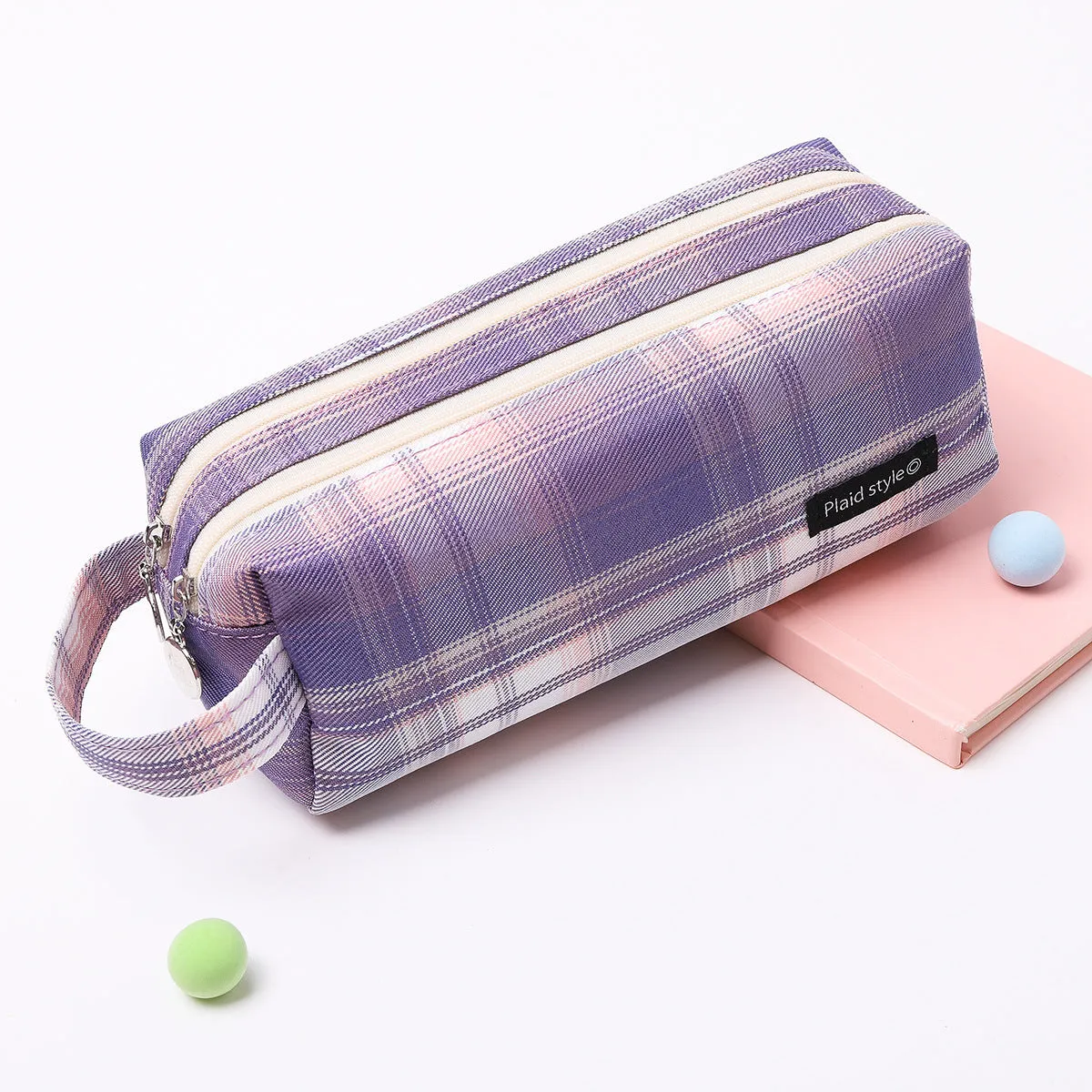 Double-Layer Plaid Pencil Case Female Student Canvas Portable Pencil Case