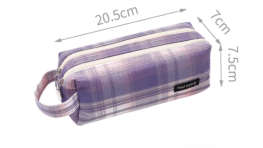 Double-Layer Plaid Pencil Case Female Student Canvas Portable Pencil Case