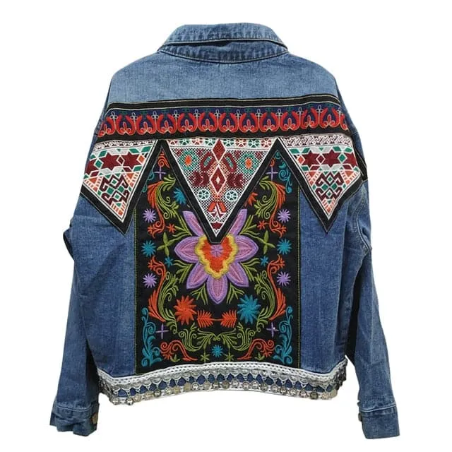 DressBetty - Boho Denim  Floral Appliques Embroidery Vintage Coat