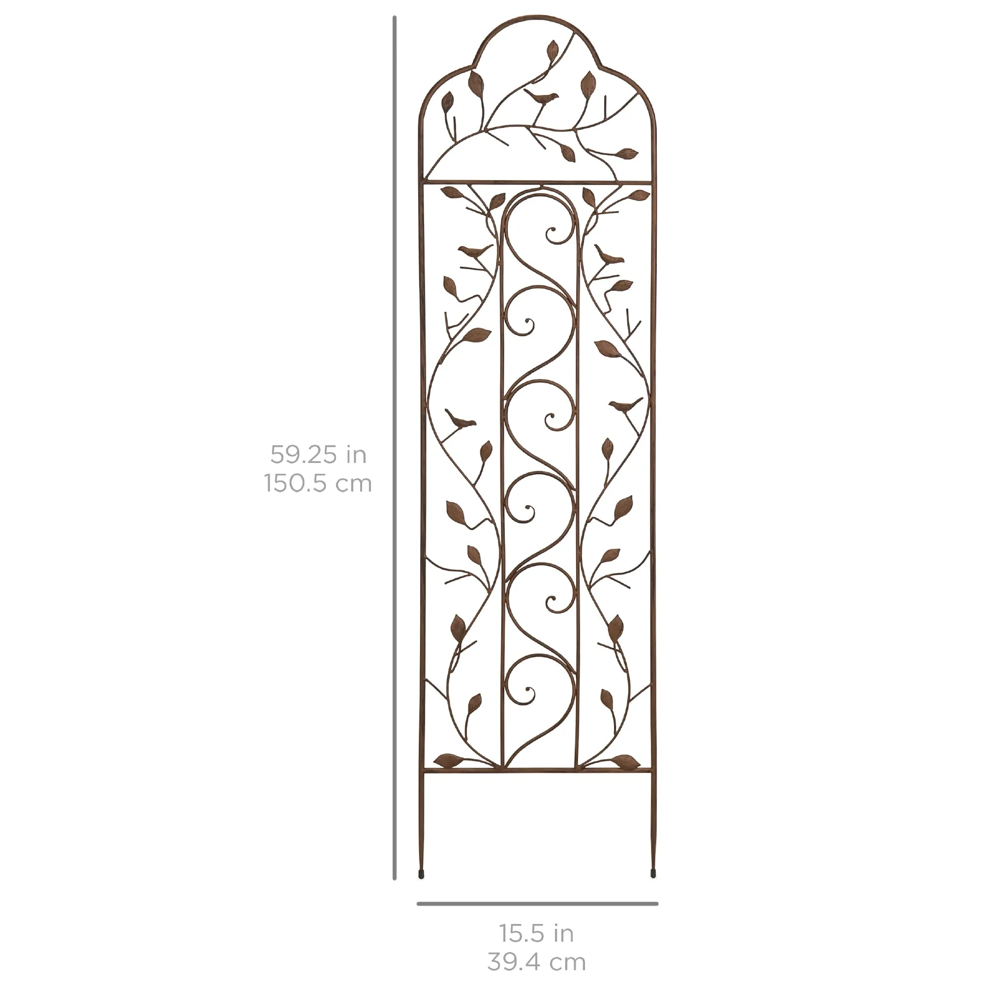 Iron Arched Garden Trellis Fence Panel w/ Branches, Birds - 60x15in