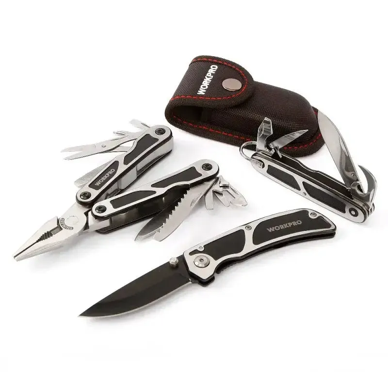 WORKPRO 3PC Camping Tool Set | Multi Pliers, Tactical Knife, and Multi-Functional Tools